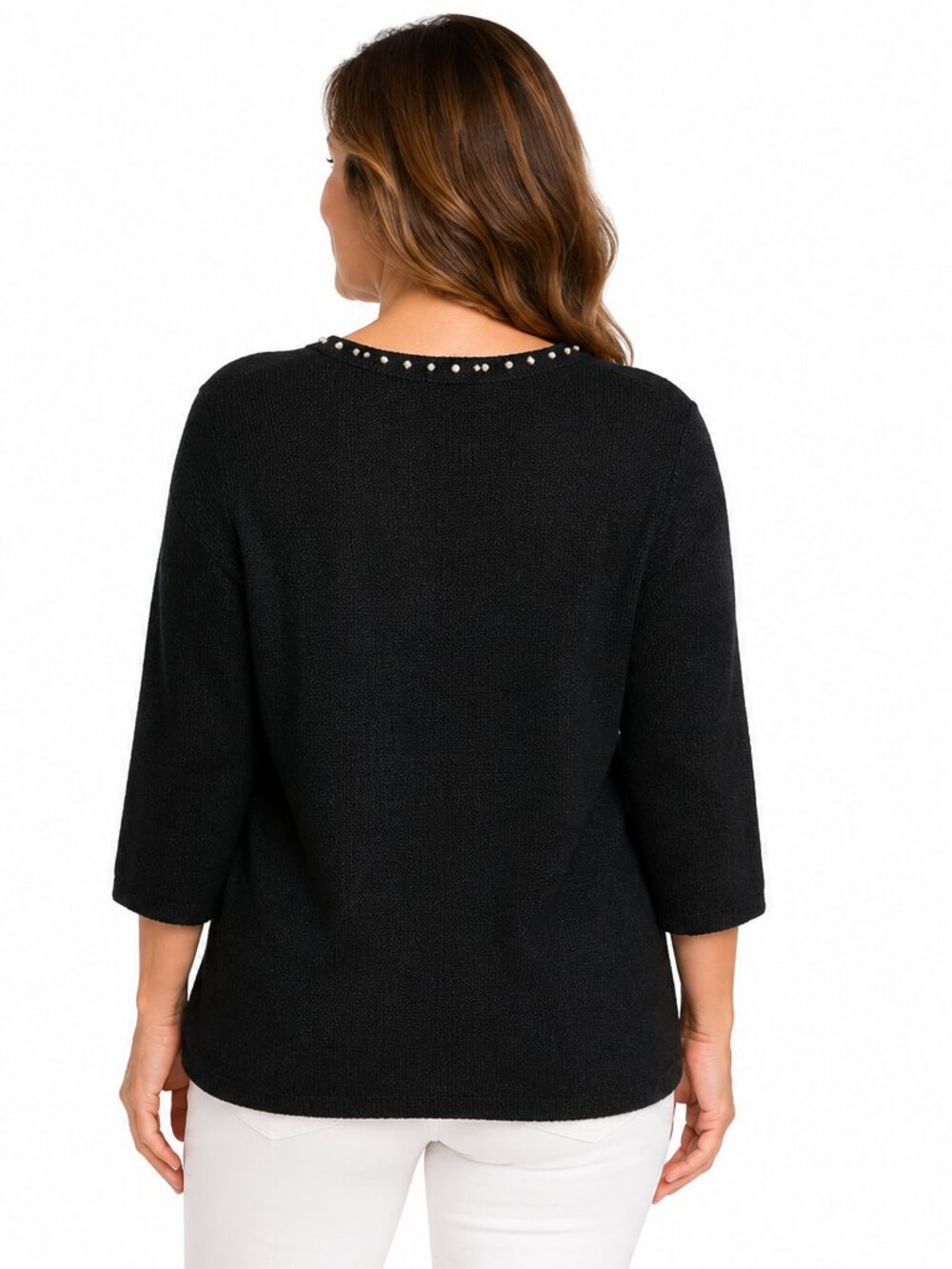 SAG HARBOR Women's Black with Faux Pearl Trim 3/4 Sleeve Sweater - XL - Picture 2 of 5